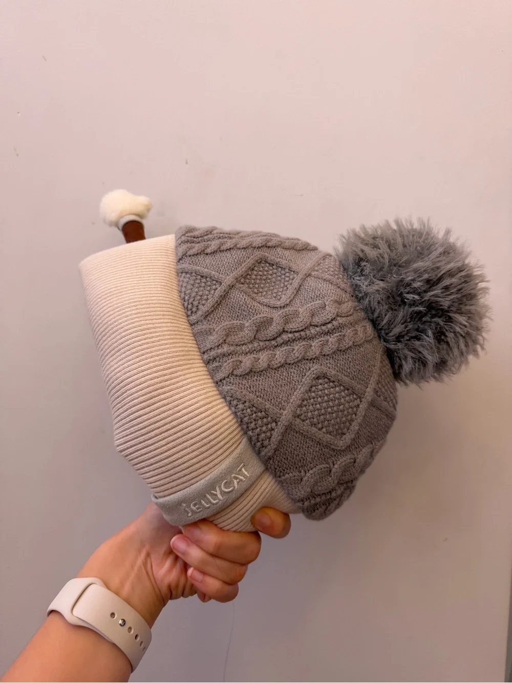 Jellycat Gray Knit Pom-Pom Beanie with Cream Plush Base
